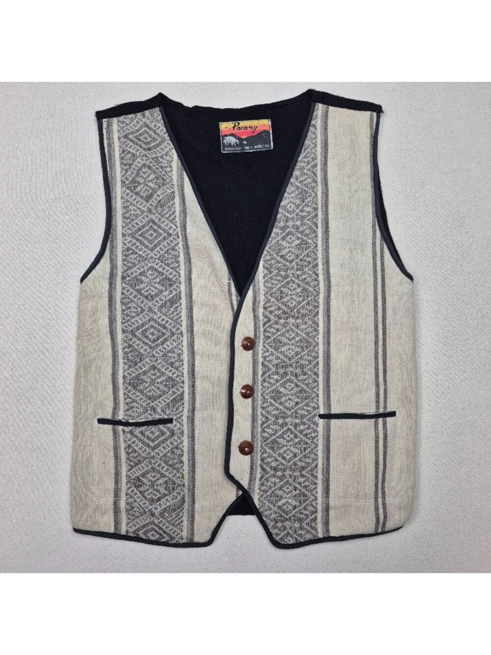 Ecuadorian Native Beige/Black Three-Button Hand-Made Wool Vest Mens Sz L 90s VTG